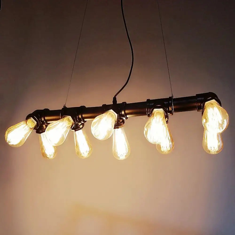 DecorBites™ industrial style black metal piping ceiling light fixture with multiple glowing filament bulbs for dining rooms