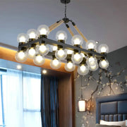 DecorBites industrial-style black molecular chandelier with 24 clear glass globe LED incandescent bulbs for dining room fixture width