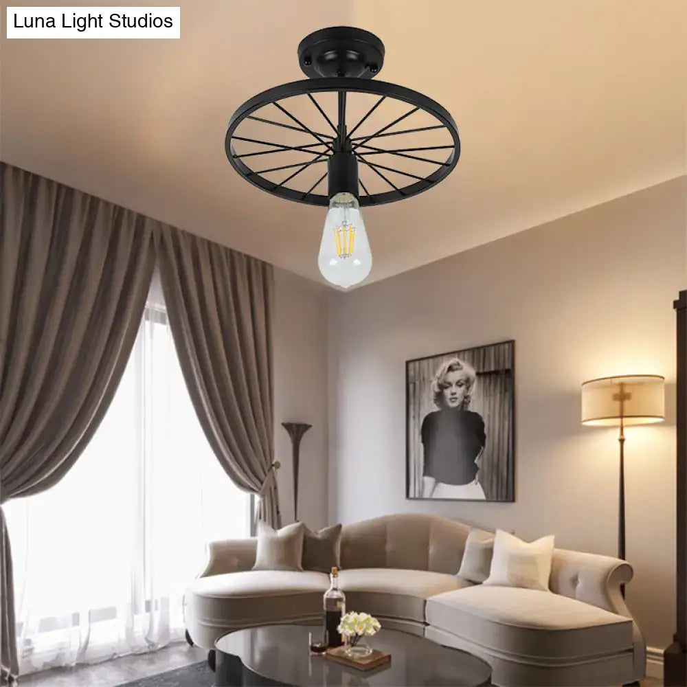 DecorBites™ industrial style semi-flush mount ceiling light with black finish and vintage bicycle wheel design
