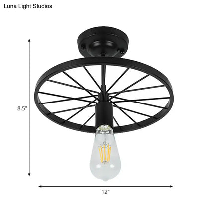 Decorbites™ industrial style metal semi flush mount ceiling light in black finish with bicycle wheel design and exposed bulb