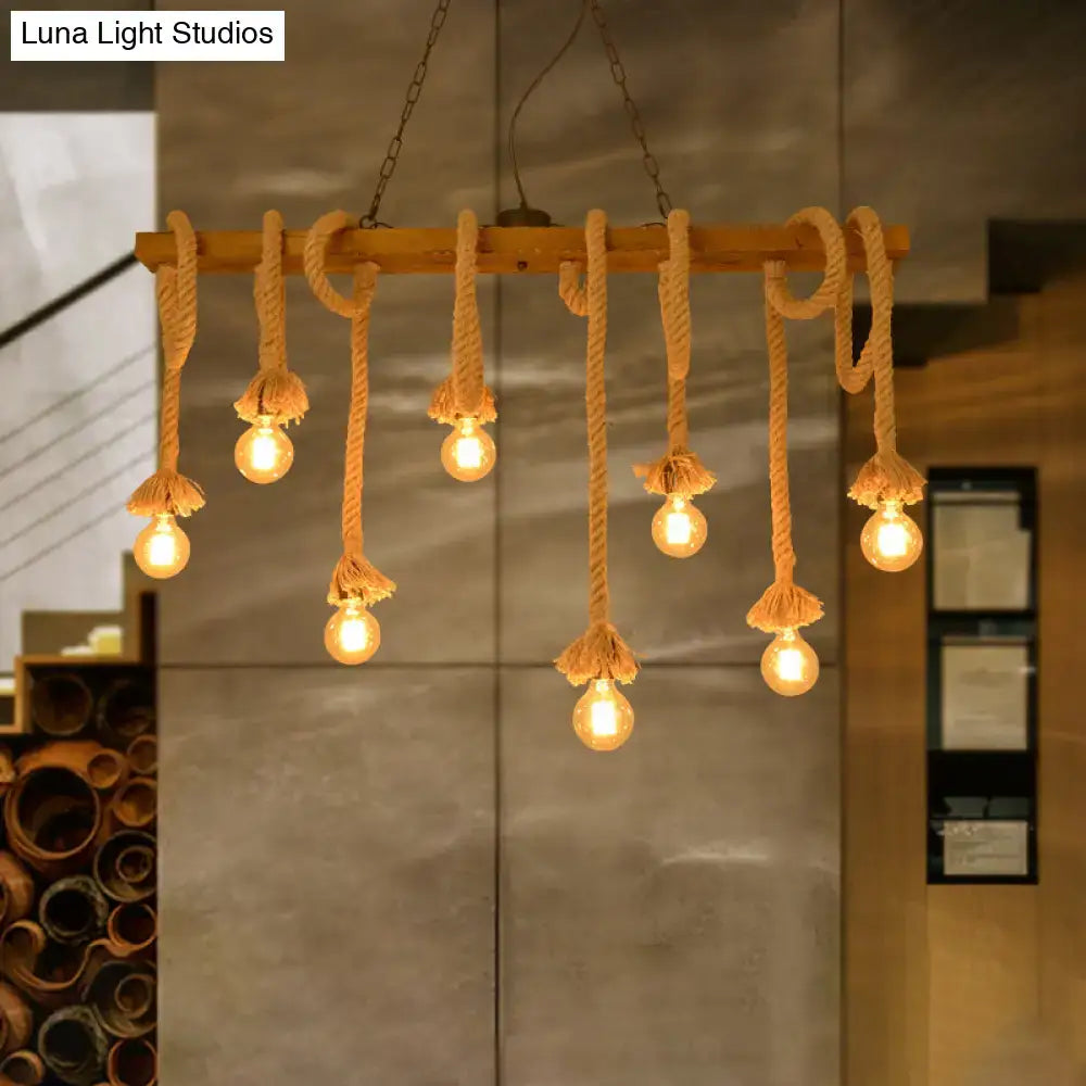DecorBites™ industrial-style wood beige island pendant lamp with natural fiber rope for dining room lighting
