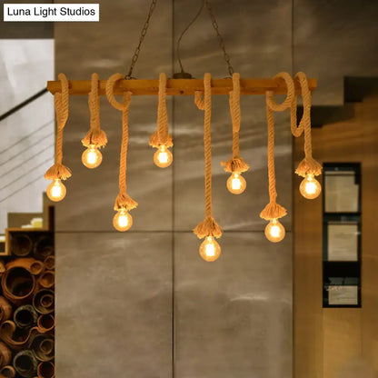 DecorBites™ industrial-style wood beige island pendant lamp with natural fiber rope for dining room lighting