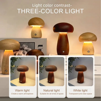 Wooden mushroom night light table lamp with stepless dimming and three-color LED rechargeable night light for bedroom