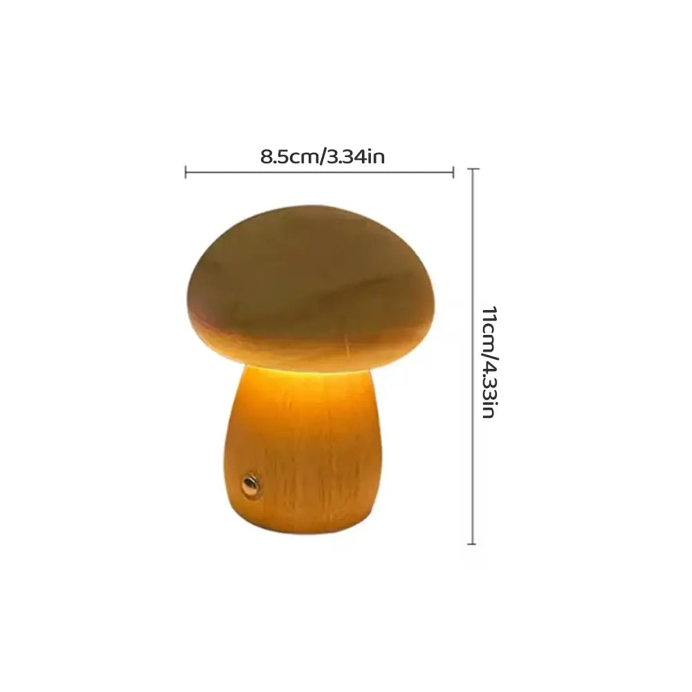 Warm-toned wooden mushroom night light with stepless dimming and softly glowing base as a rechargeable table lamp