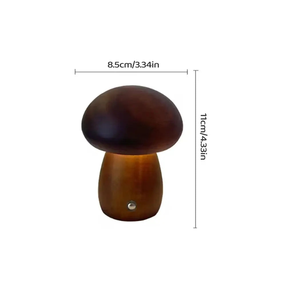 Decorbites™ ins wooden creative mushroom night light with dark brown polished wood and stepless dimming table lamp