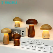 Wooden mushroom night light table lamps with warm glowing lights natural wood finish and stepless dimming feature