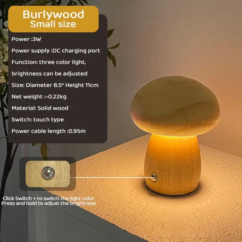 DecorBites™ INS wooden mushroom night light with warm glow, touch-sensitive controls, and stepless dimming table lamp
