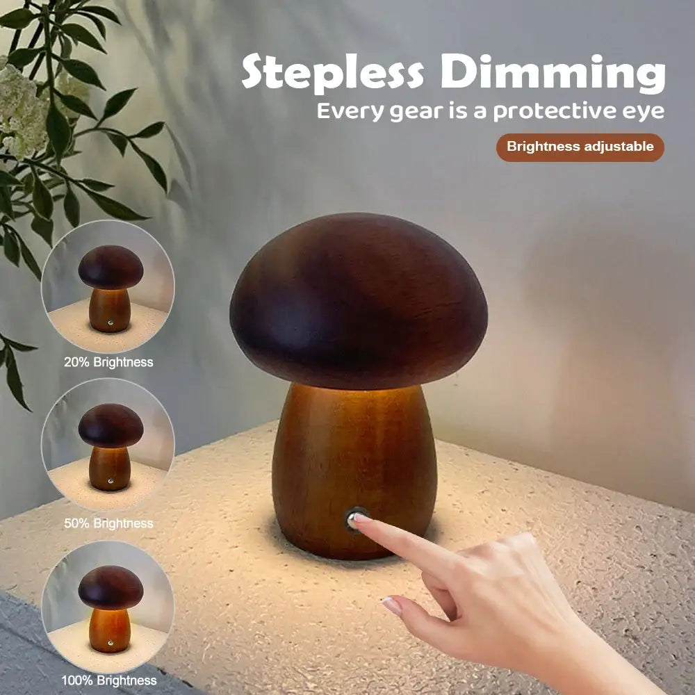 A sleek dark brown wooden mushroom night light with stepless dimming and rechargeable battery for bedside use