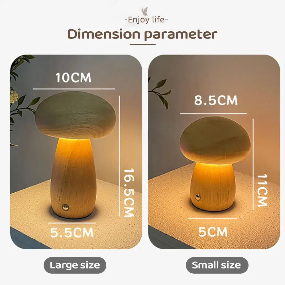DecorBites wooden mushroom night light table lamp with warm yellow led lighting and stepless dimming for bedside use