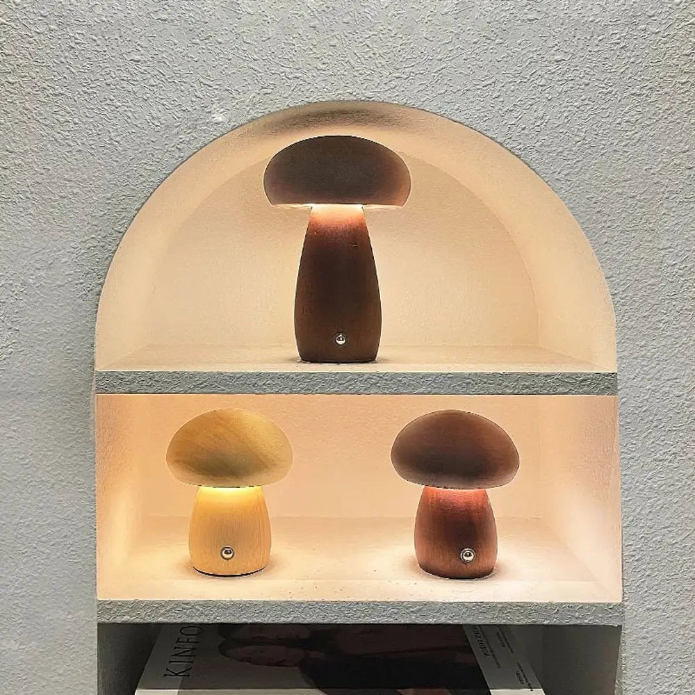 Wooden mushroom night light table lamp with warm glowing lights stepless dimming and rechargeable bedside lamp