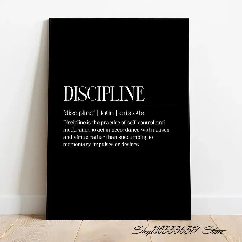 Black framed canvas print with white serif text defining discipline in minimalist design for inspirational discipline art decor