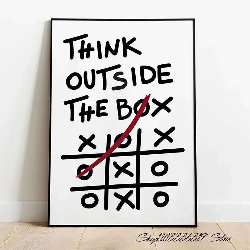 Black-framed DecorBites™ inspirational discipline art canvas print with think outside the box text and red tic-tac-toe mark