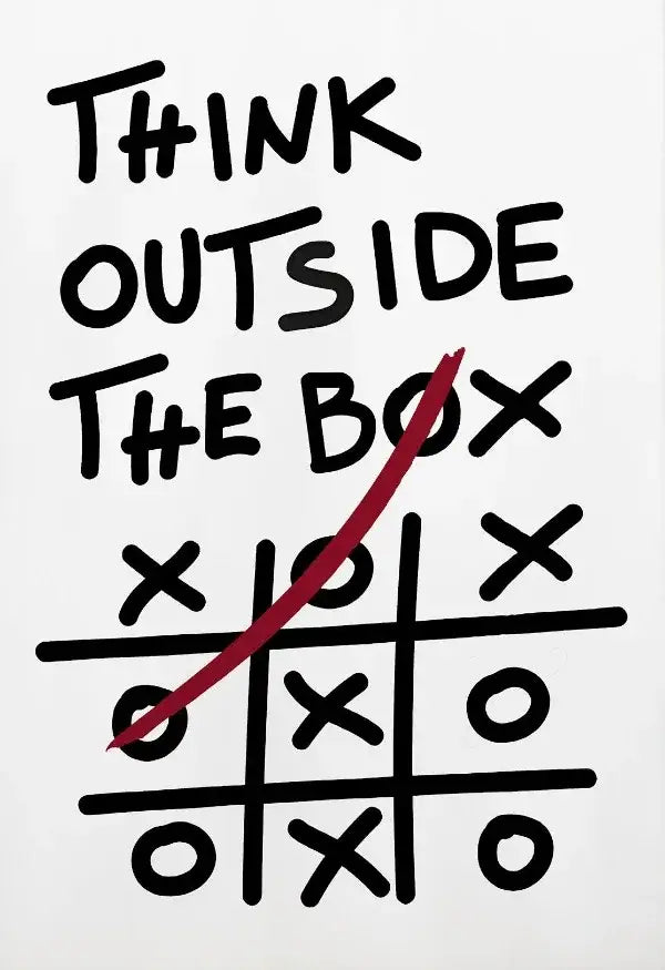 Decorbites inspirational discipline art canvas print with black handwritten think outside the box text and red tic tac toe design