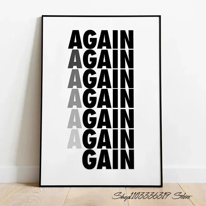 Black-framed minimalist inspirational discipline art canvas print featuring the word again in bold gradient typography