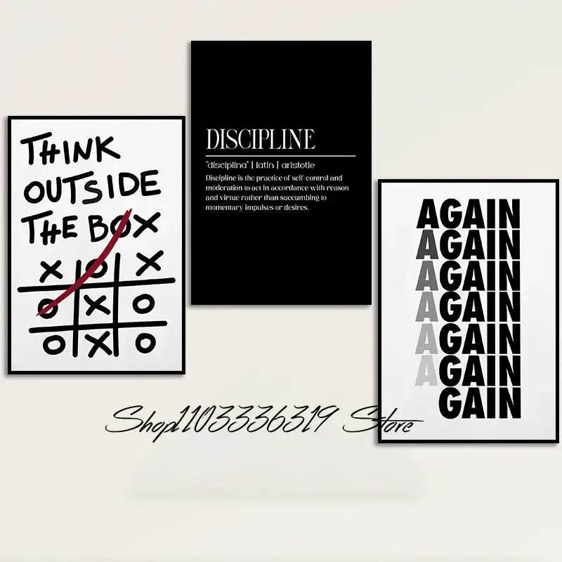 Set of three minimalist black and white framed inspirational discipline art prints by decorbites for home decor