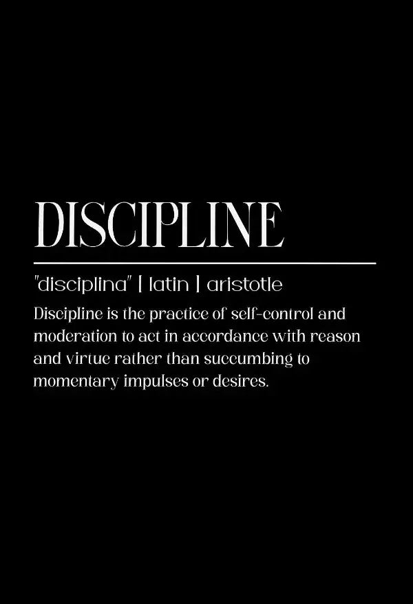 Decorbites™ inspirational discipline art canvas print features white serif text on black defining discipline with origins and definition