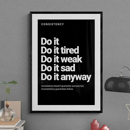 Decorbites™ inspirational quote poster with bold white text on black frame featuring motivational phrases for home or office