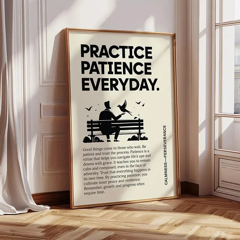 Decorbites™ inspirational quote poster with practice patience everyday text and silhouette feeding birds illustration