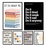 Set of decorbites™ inspirational quote poster prints featuring colorful book stacks and bold typography for home or office