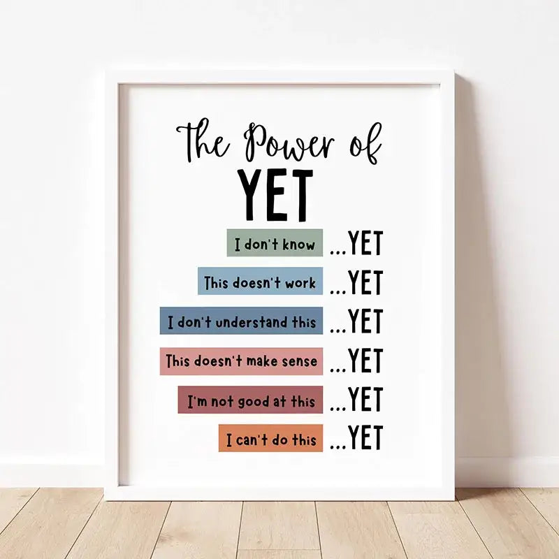 DecorBites™ inspirational quote poster with white frame and colorful bars featuring the power of yet for home or office