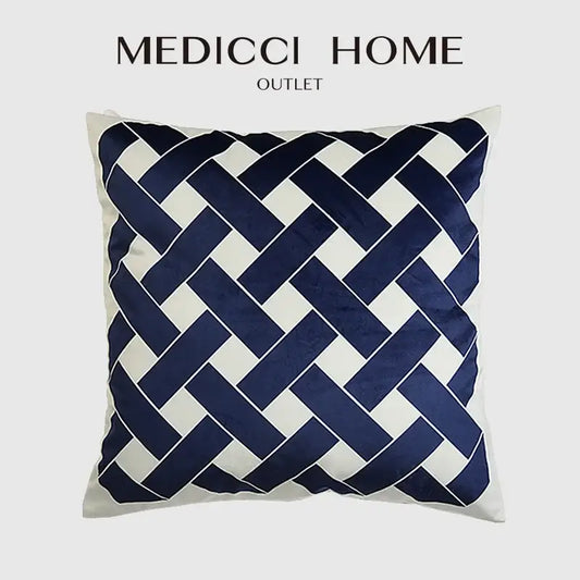 Navy blue and white woven decorbites intersecting geometric velvet cushion cover for living room by medici home outlet
