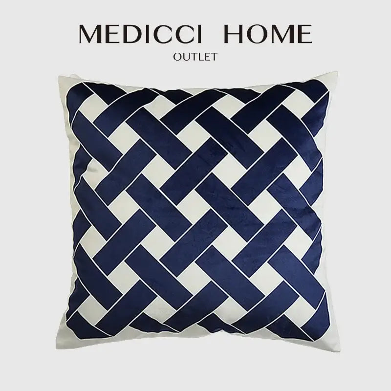 Navy blue and white woven decorbites intersecting geometric velvet cushion cover for living room by medici home outlet