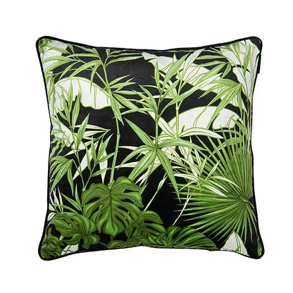 Square cushion cover featuring vibrant tropical green leaves on black background with black border by decorbites intersecting geometric