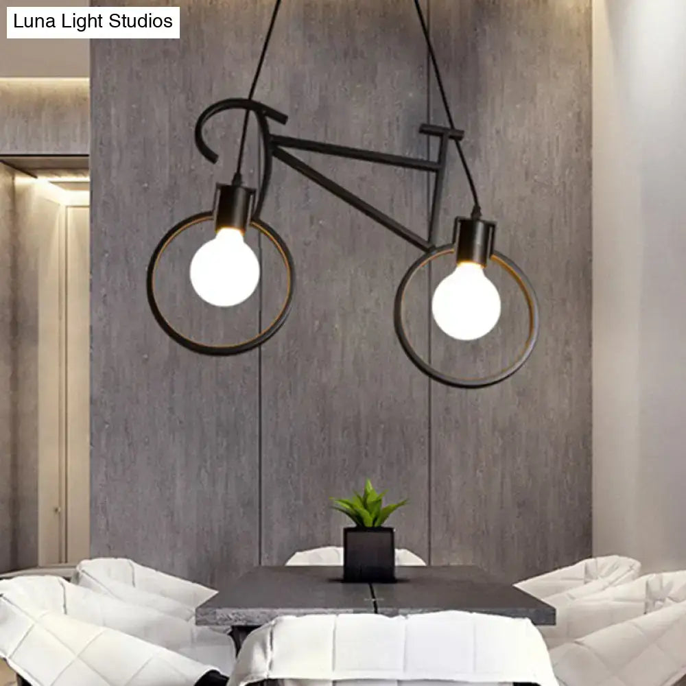 Decorbites™ iron bicycle chandelier in black metal with two circular rings and chain cord length for dining table lighting