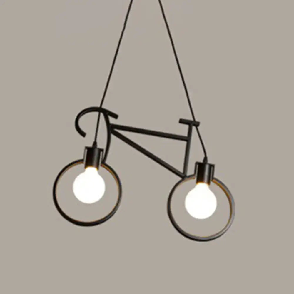 Black metal iron bicycle chandelier with two exposed bulbs and adjustable chain cord length for dining table lighting