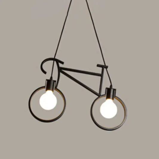 Black metal iron bicycle chandelier with two exposed bulbs and adjustable chain cord length for dining table lighting