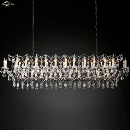 Elegant decorbites iron crystal led chandelier with dark metal frame, candle-style bulbs, and cascading clear crystals