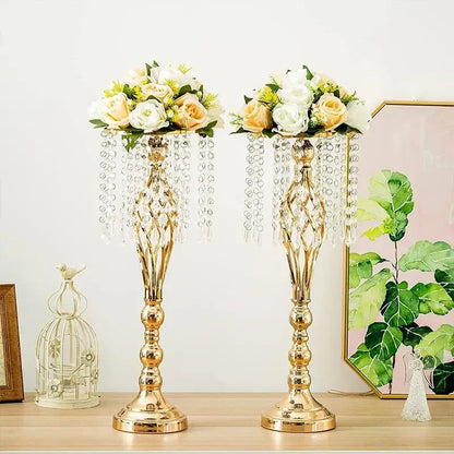 Gold-colored iron flower racks with crystal chandelier style and cascading clear beads for dining table decoration