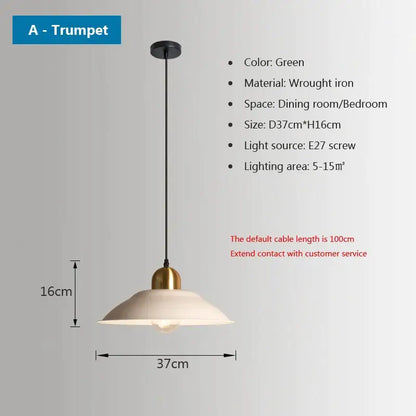 Green wrought iron trumpet pendant light with cream shade and brass accents from decorbites iron industrial collection