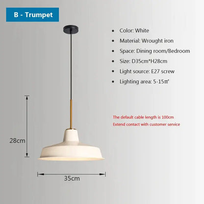 White wrought iron pendant light with trumpet-shaped shade and brass accent rod by decorbites iron industrial