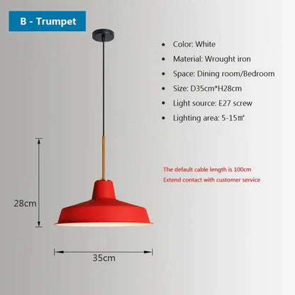 Red trumpet-shaped pendant light made of wrought iron with white ceiling mount by decorbites iron industrial chandelier