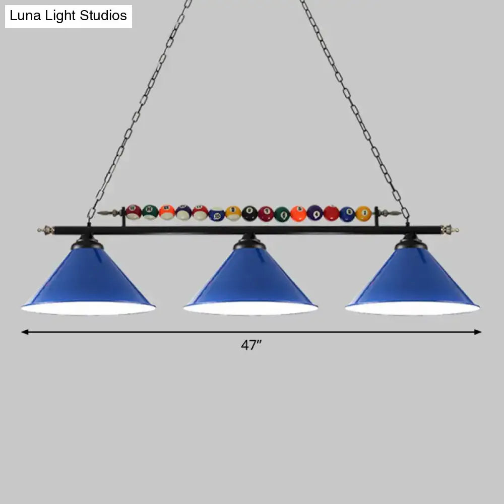 Decorbites™ iron linear island ceiling light with blue cone shades metal frame chain suspension and colorful billiard balls e26 e27