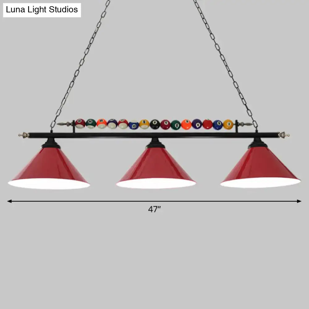 DecorBites™ iron linear island ceiling light with red conical shades, black metal frame, chains, and billiard ball accents for e26 e27 bulbs