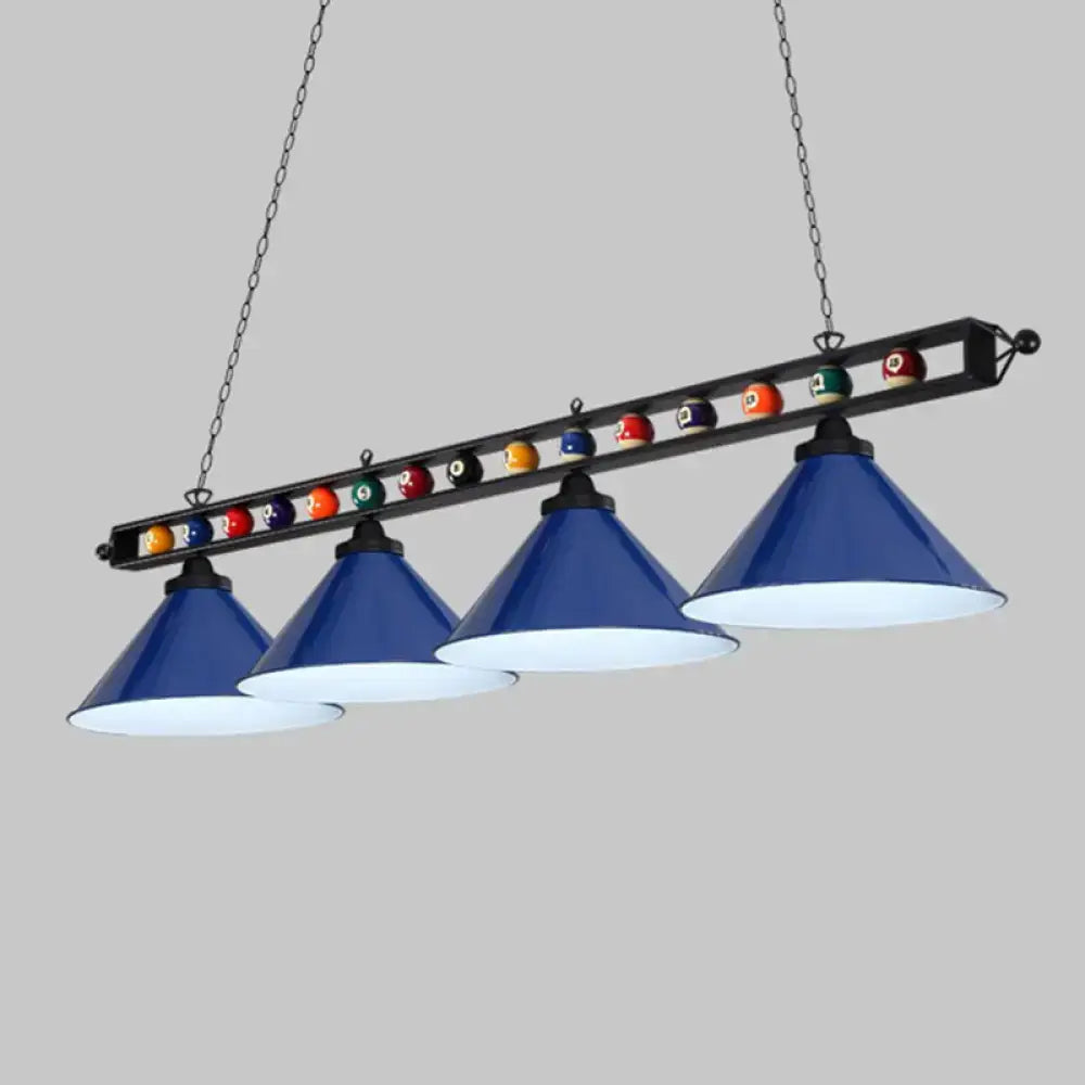 DecorBites iron linear island ceiling light with blue cone shades metal frame chain suspension e26 e27 sockets and pool balls