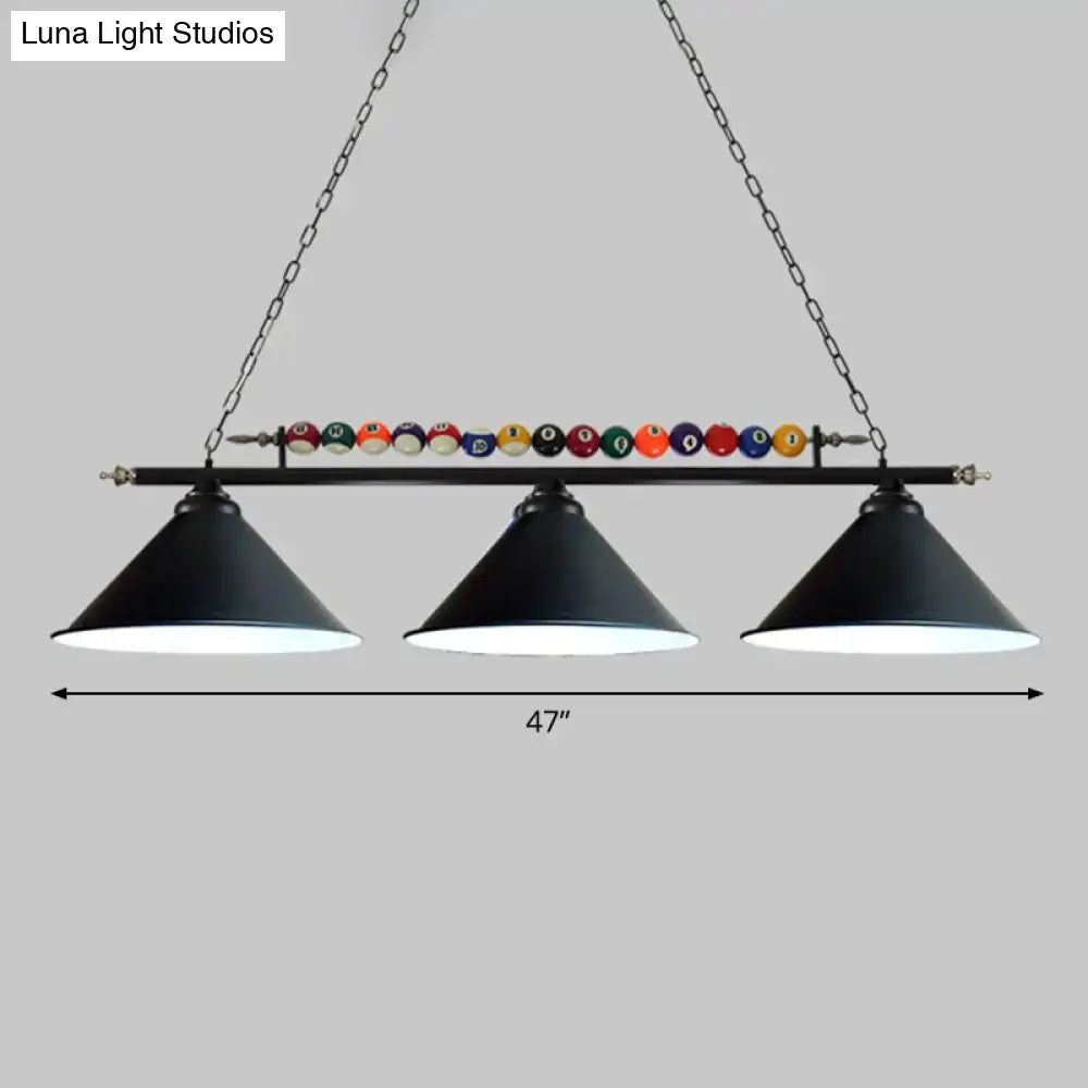 Decorbites™ iron linear island ceiling light with black metal frame, three conical shades, and colorful billiard balls for e26 e27 bulbs
