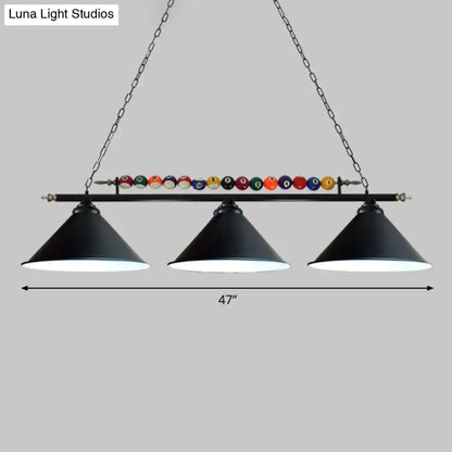 Decorbites™ iron linear island ceiling light with black metal frame, three conical shades, and colorful billiard balls for e26 e27 bulbs