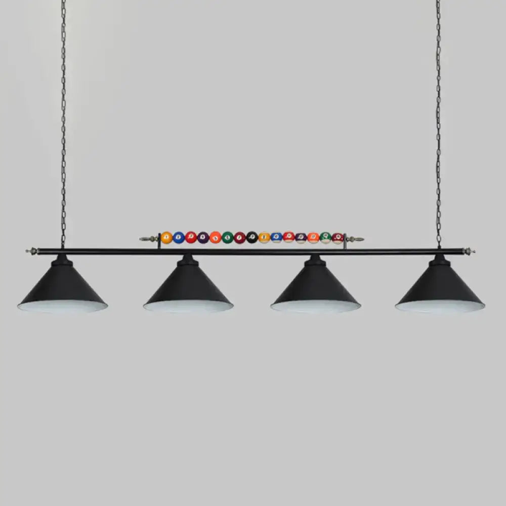 Decorbites™ iron linear island ceiling light with black metal frame, four conical shades, and colorful billiard balls, e26 e27 compatible