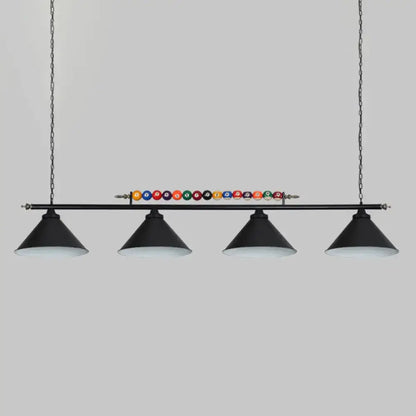 Decorbites™ iron linear island ceiling light with black metal frame, four conical shades, and colorful billiard balls, e26 e27 compatible