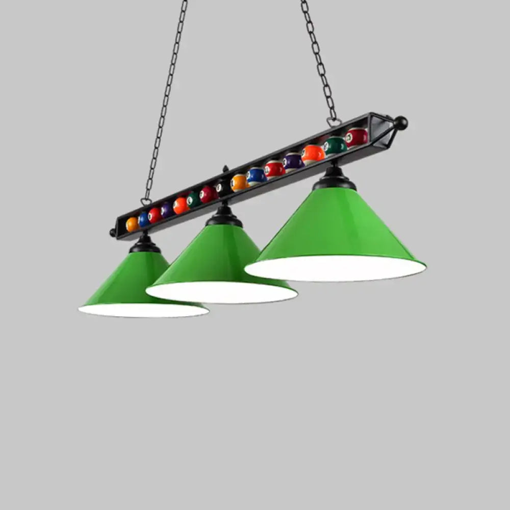 Decorbites iron linear island ceiling light with green conical shade metal frame and e26 e27 sockets featuring colorful billiard balls