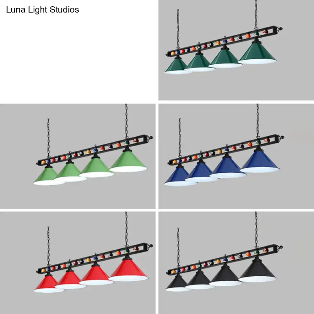 DecorBites iron linear ceiling light with metal frame, four conical shades in green, blue, red, and black with E26 E27 sockets