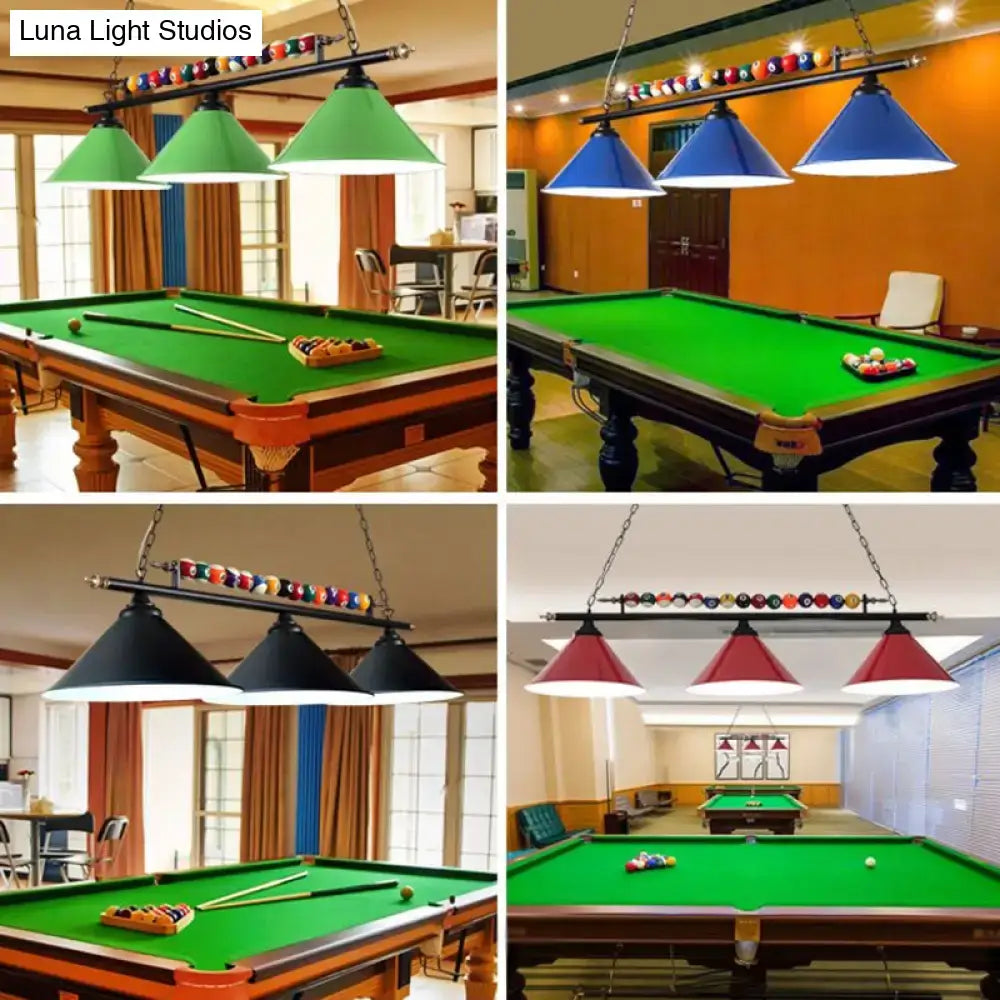 Decorbites iron linear island ceiling light with metal frame green black blue and red cone shades and pool table ball racks e26 e27