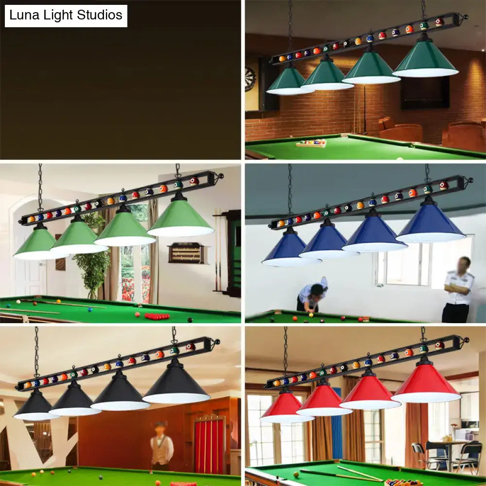 DecorBites™ iron linear island ceiling light with metal frame and e26 e27 bulbs features colorful cone shades and billiard ball design