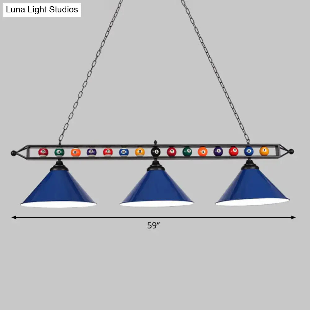 Decorbites iron linear island ceiling light with blue conical shade metal frame chain suspension and colorful billiard balls