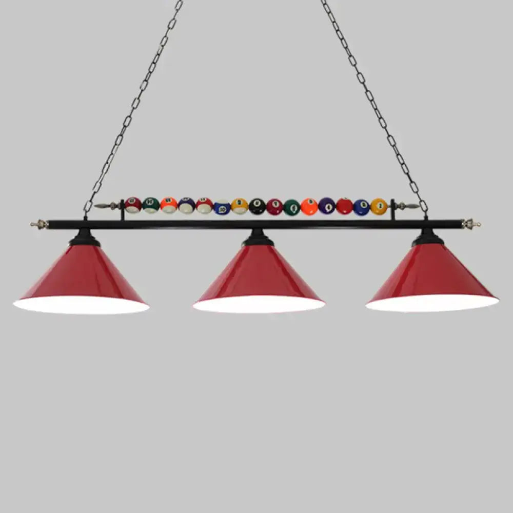 Decorbites™ iron linear island ceiling light with red conical shades, black metal frame, e26 e27 sockets, and billiard ball accents