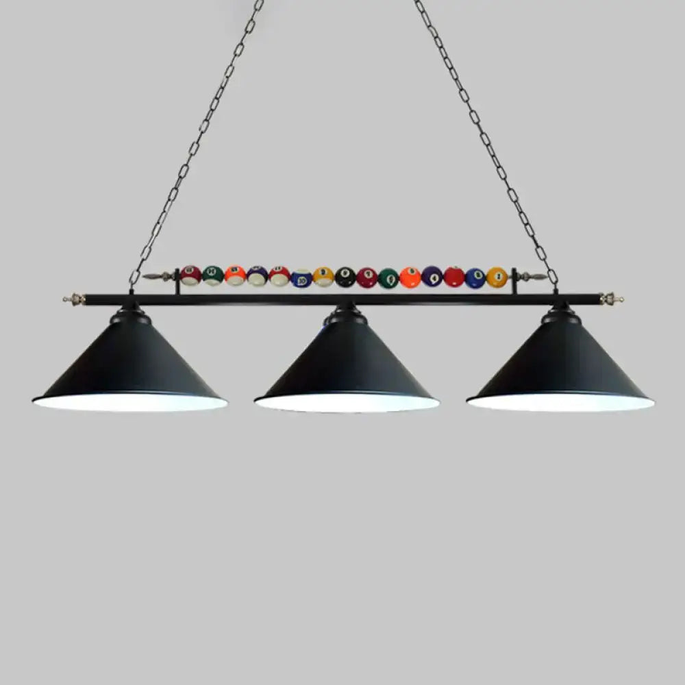 Decorbites™ iron linear island ceiling light in black metal frame with three conical shades and colorful billiard balls, e26 e27 compatible