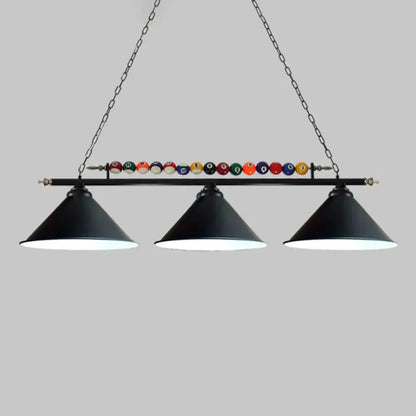 Decorbites™ iron linear island ceiling light in black metal frame with three conical shades and colorful billiard balls, e26 e27 compatible